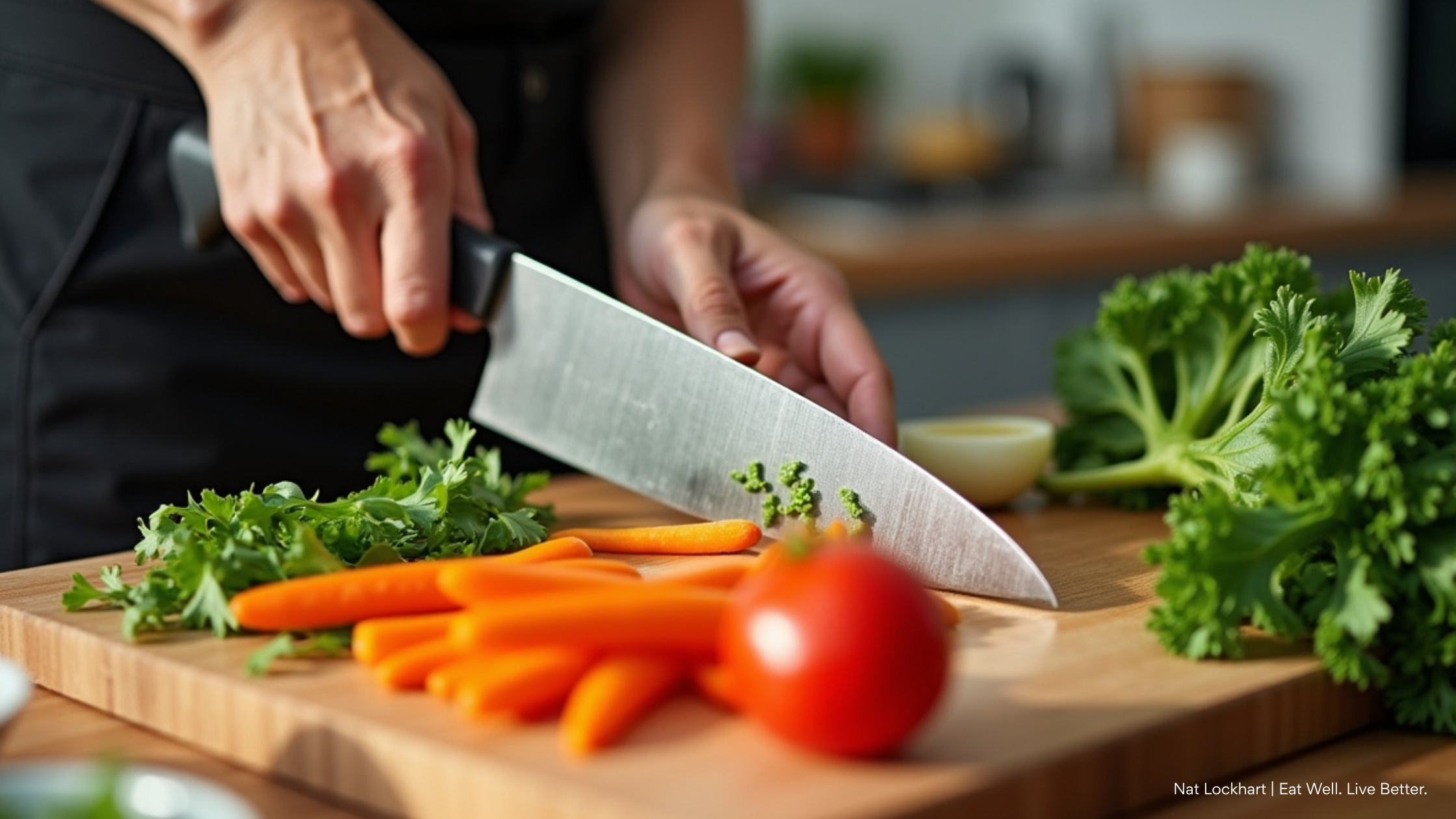 Woman cutting produce for a healthy and realistic meal prep in a real-life kitchen